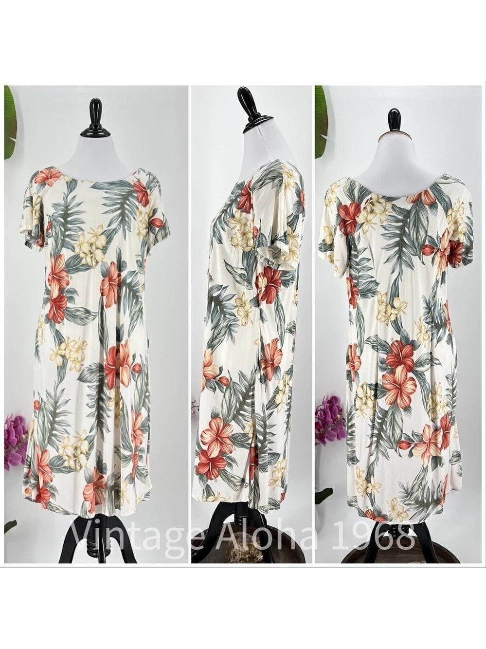 Iolani Hibiscus Orchid White/Green/Yellow Muumuu /Tiki Dress Large